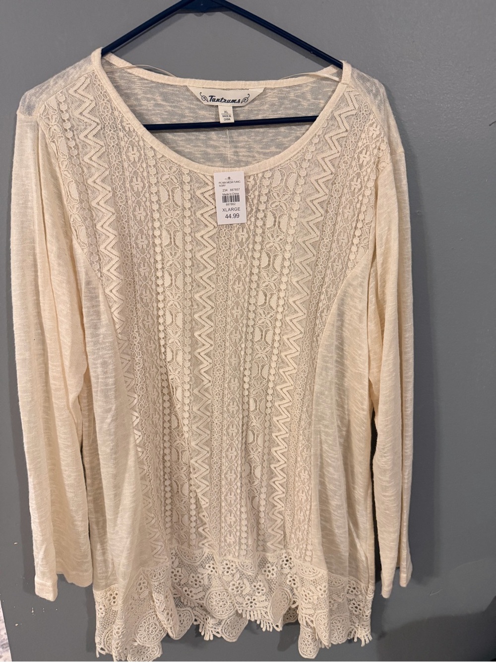 Tantrums Ivory Crochet-Front Long Sleeve Top